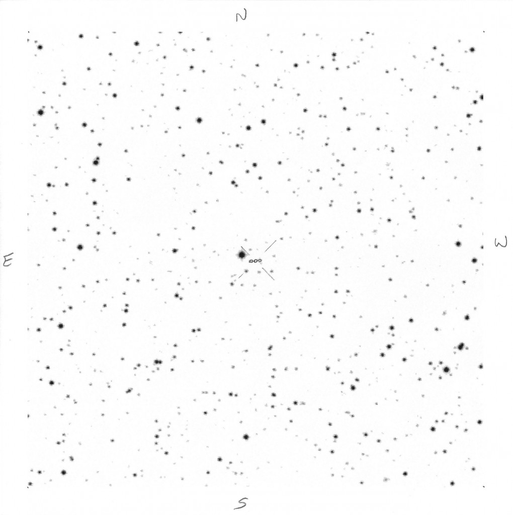 Himalia: 1/25/14 Plotted at 2230/2300/2330 CST East to West. Digitized Sky Survey (DSS) image.